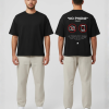 Zwart T-shirt met NO PHONE POLICY tekst en rode verbodspictogrammen op de rug