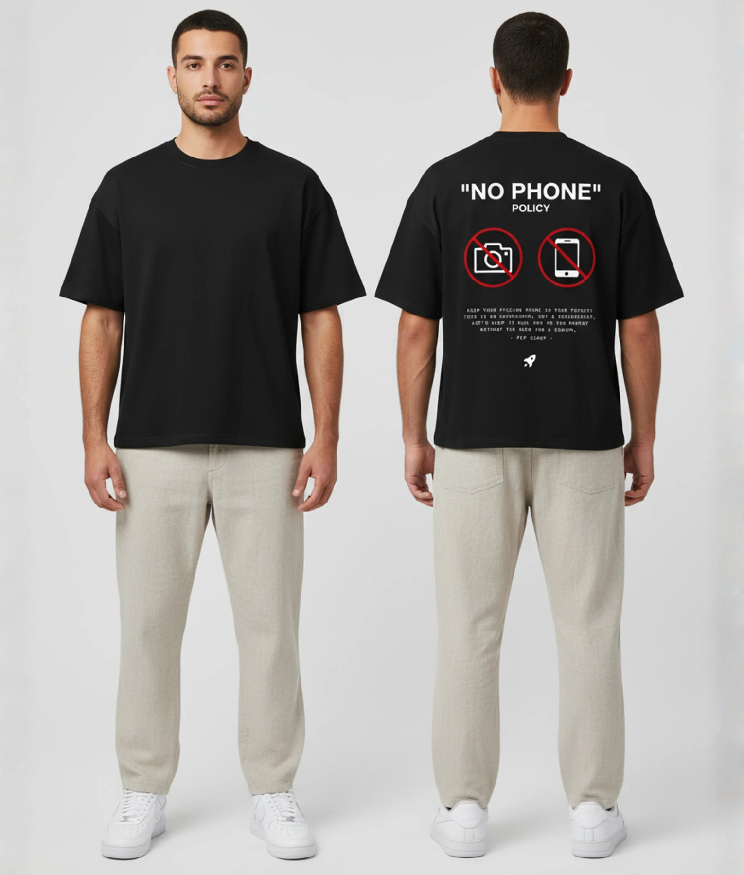 Zwart T-shirt met NO PHONE POLICY tekst en rode verbodspictogrammen op de rug