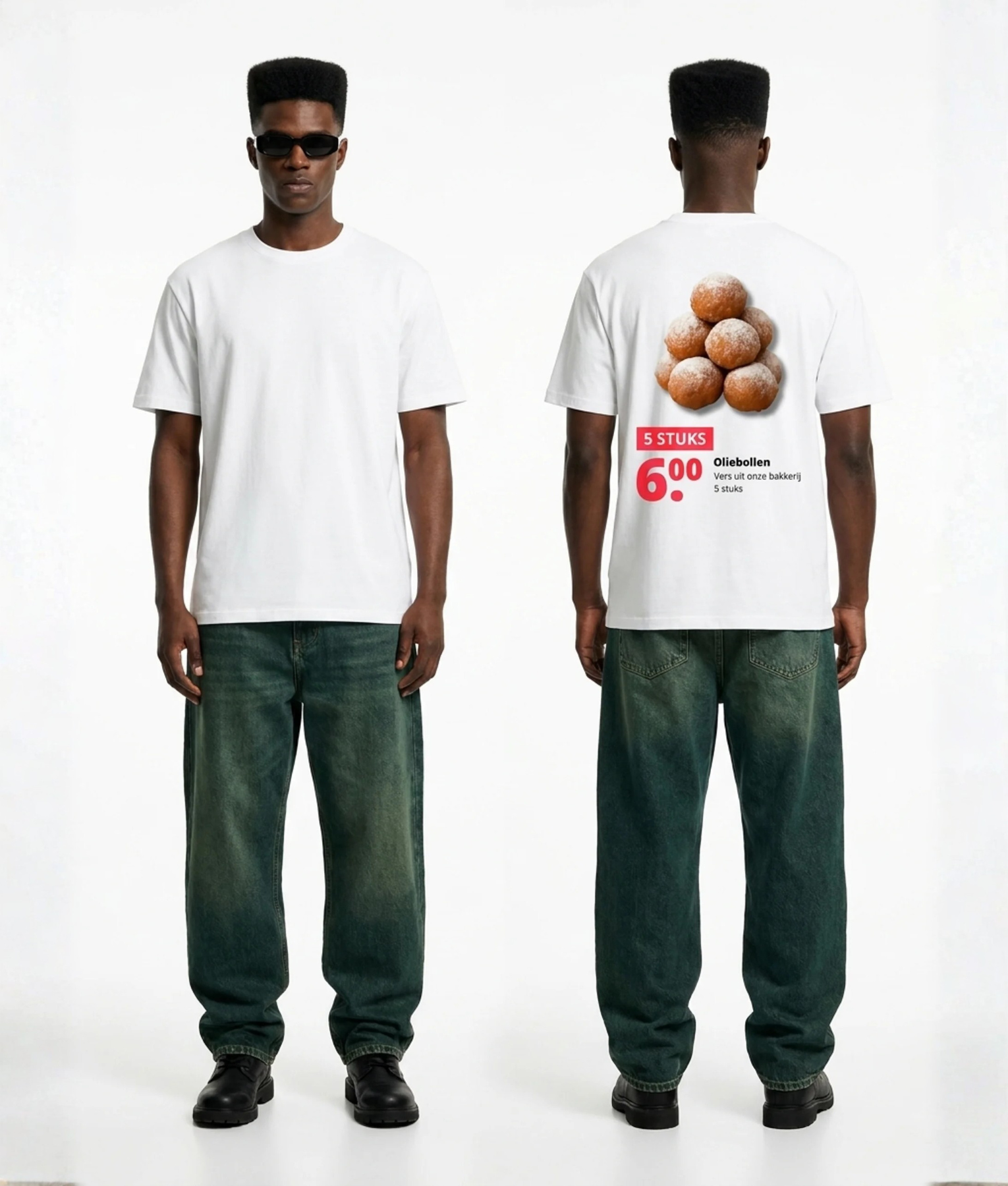 Wit unisex T-shirt voor- en achteraanzicht gedragen door mannelijk model met Oliebollen 5 stuks supermarkt reclame print op de rug