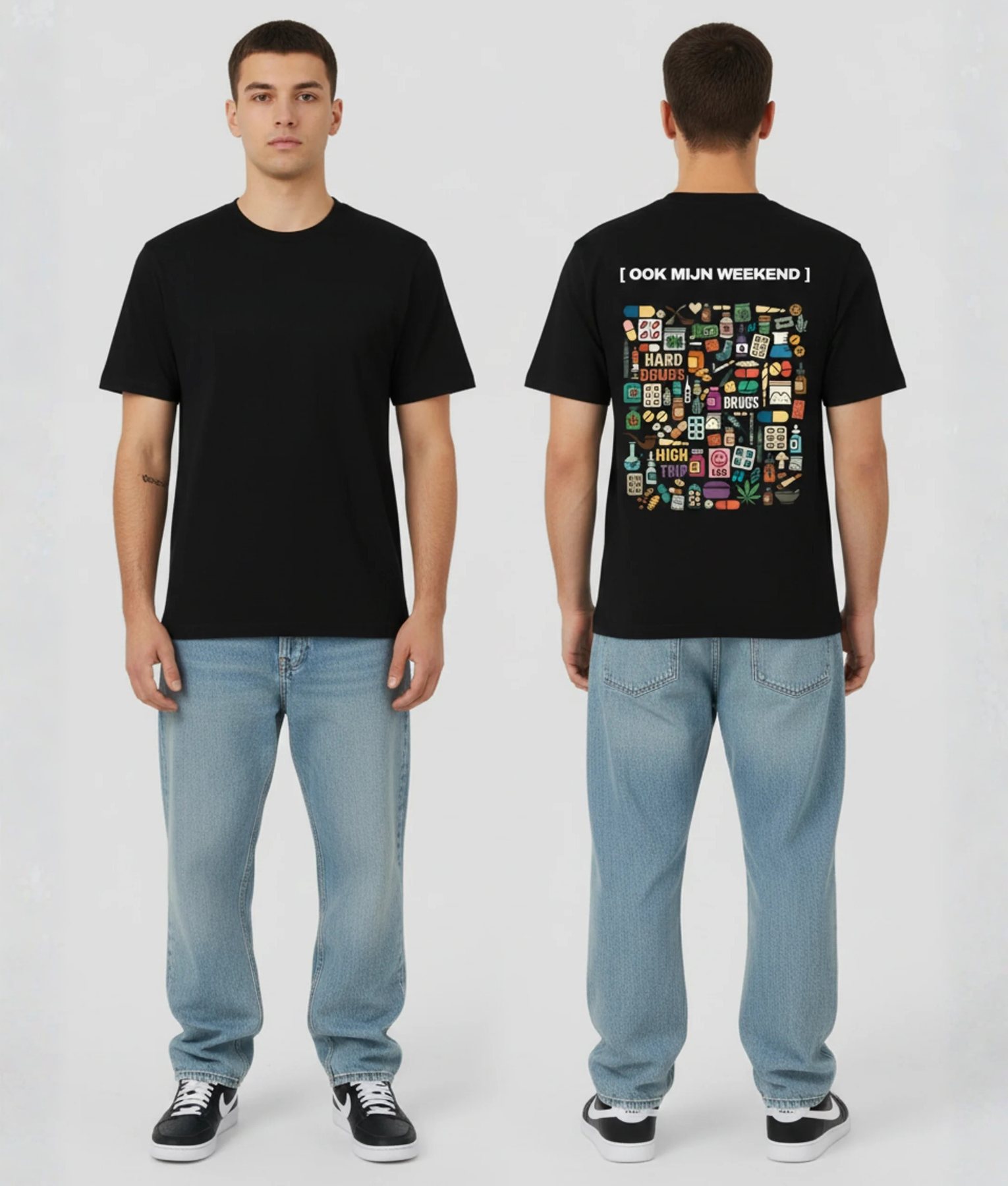 Zwart unisex T-shirt voor- en achteraanzicht gedragen door mannelijk model met Ook Mijn Weekend print en kleurrijke festival illustraties op de rug
