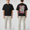 Zwart T-shirt met kleurrijke graffiti doodle illustratie in roze, geel, blauw en wit op de rug