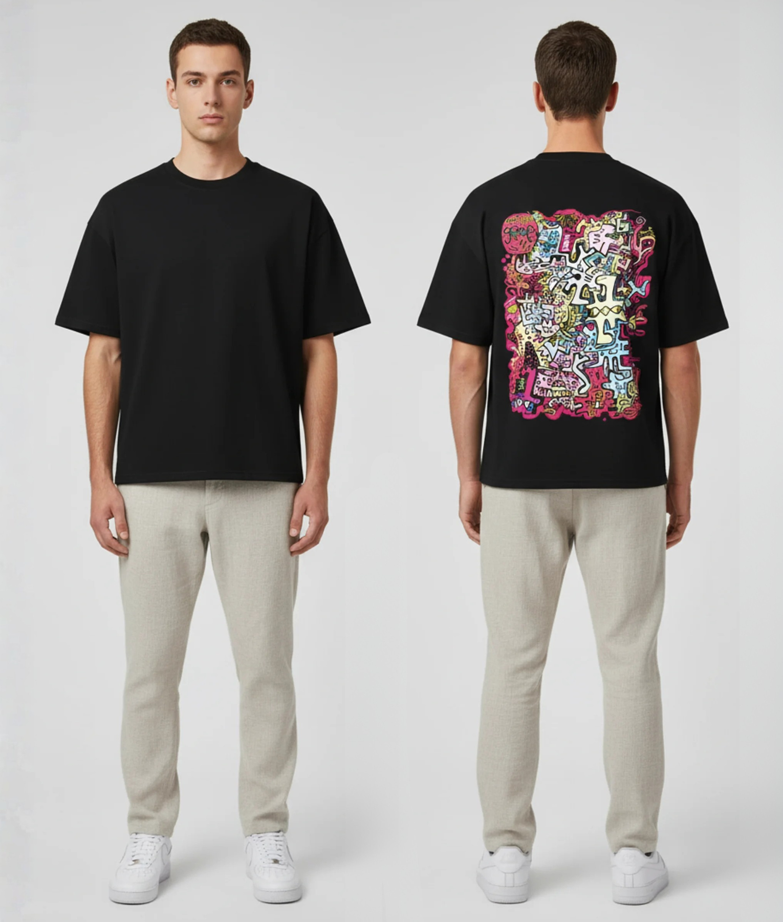 Zwart T-shirt met kleurrijke graffiti doodle illustratie in roze, geel, blauw en wit op de rug