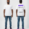 Wit T-shirt met paarse eigen tekst banner en boarding pass print met PNM naar JPT vluchtdetails en PEP-SCHEP.NL tekst op de rug