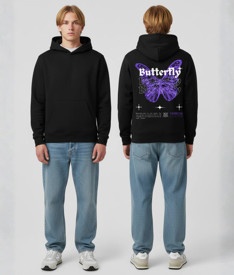 Zwarte hoodie met paarse vlinder en Butterfly print op de rug