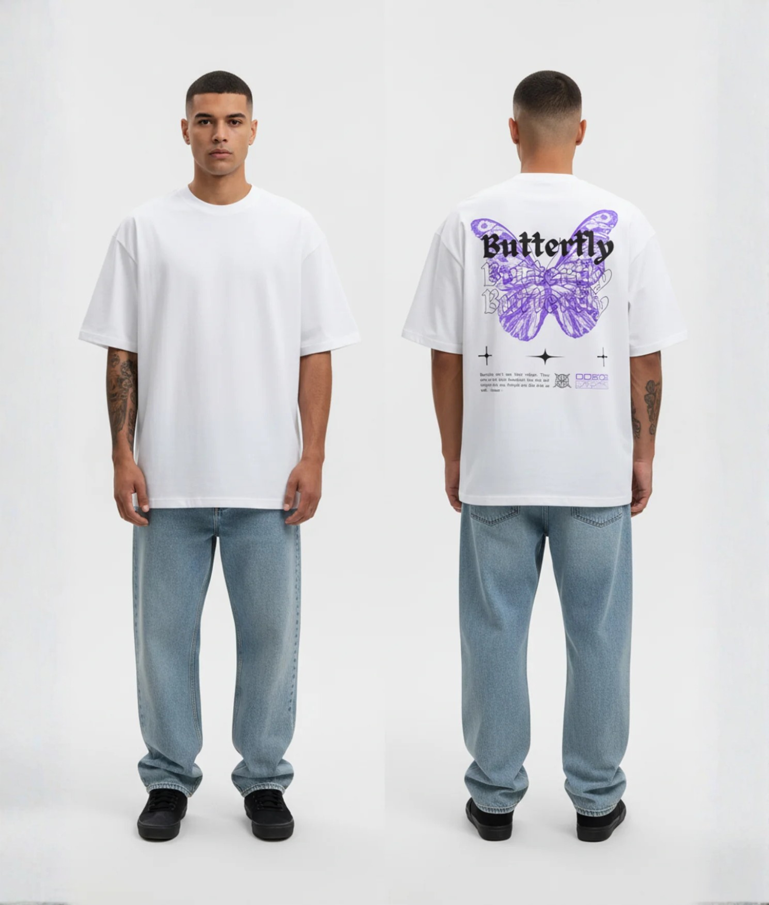 Wit T-shirt met paarse vlinder en Butterfly tekst op de rug