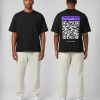 Zwart T-shirt met paarse QR-code banner en eigen tekst op de rug