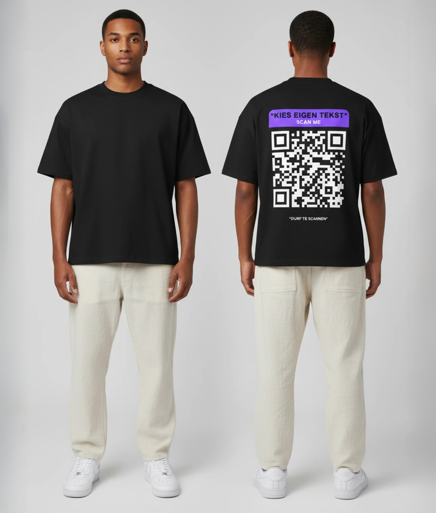 Zwart T-shirt met paarse QR-code banner en eigen tekst op de rug