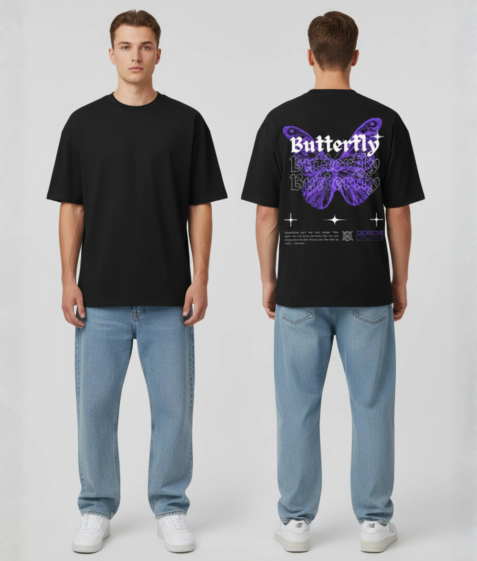 Zwart T-shirt met paarse vlinder illustratie en Butterfly tekst herhalend in gothic lettertype op de rug