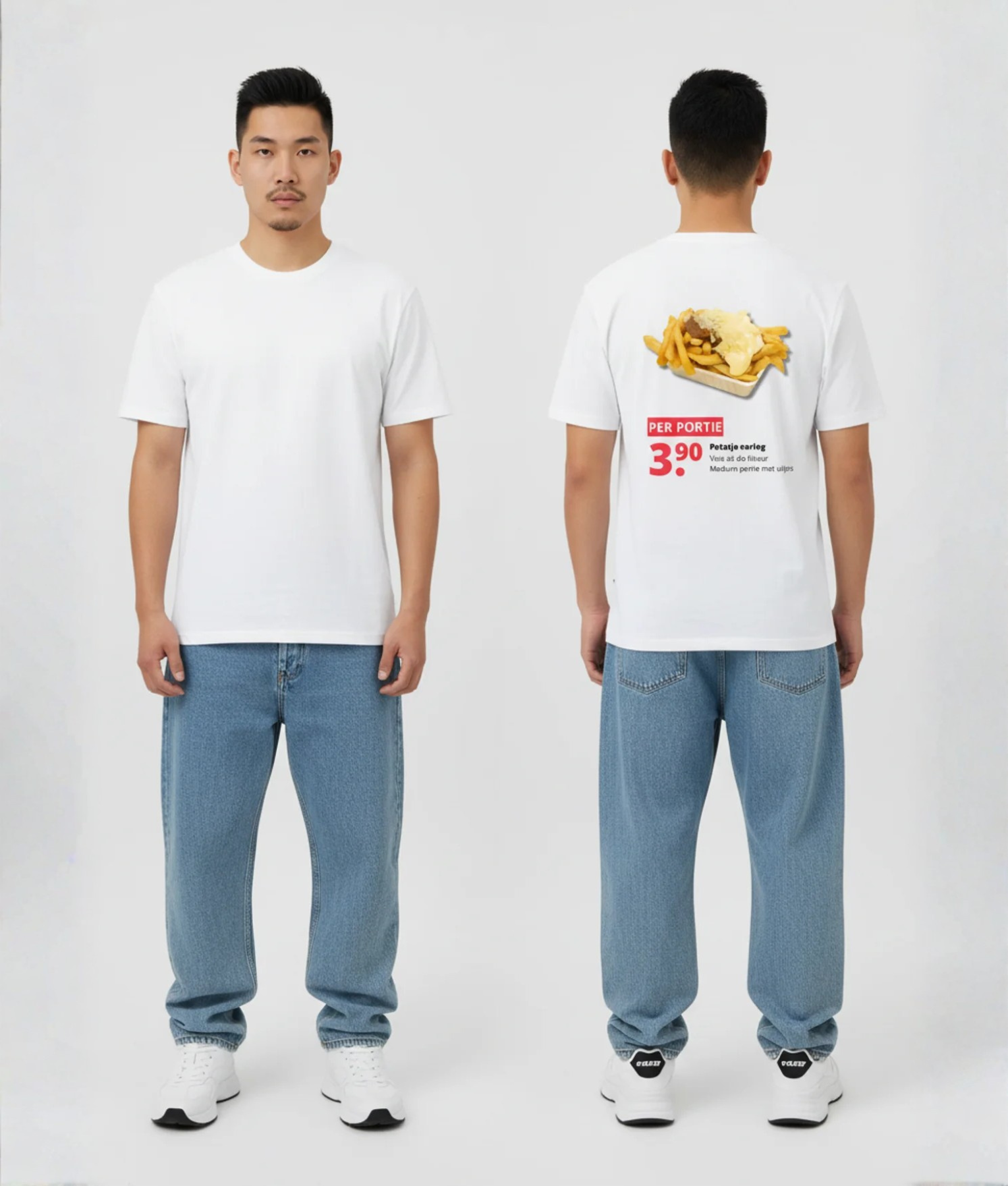 Wit T-shirt met supermarkt aanbieding print van patatje oorlog met friet foto, PER PORTIE, 3,90 prijs en Patatje oorlog tekst op de rug