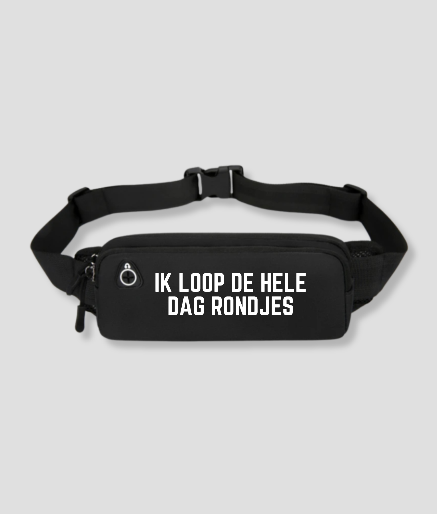 Zwarte fanny pack met witte tekst IK LOOP DE HELE DAG RONDJES op voorzijde
