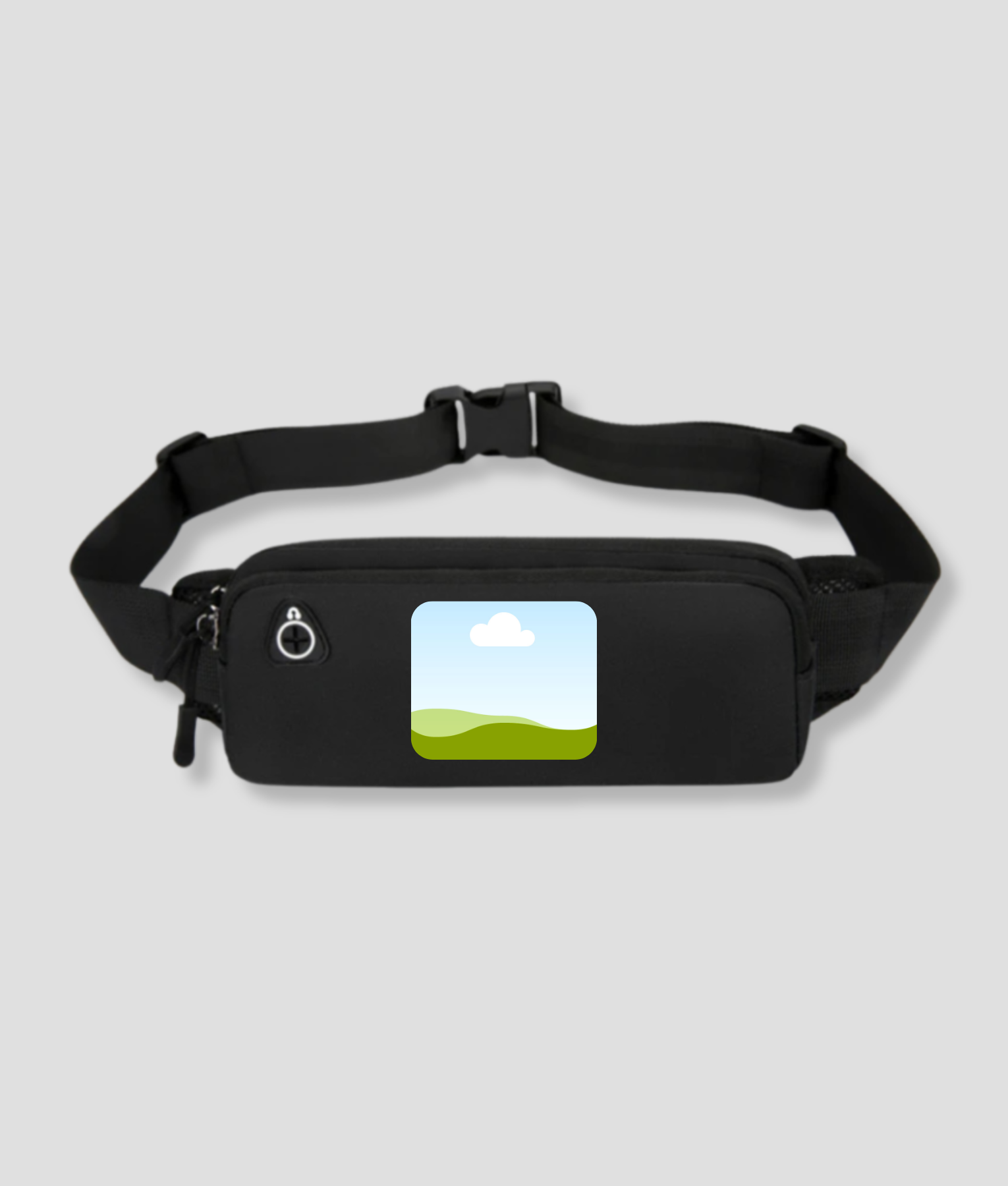 Zwarte fanny pack met vierkante landschapsfoto opdruk op voorzijde