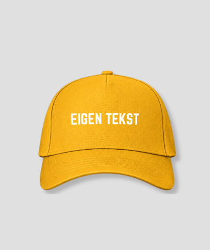 Gele cap met witte tekst EIGEN TEKST op het voorpaneel