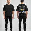 Zwart T-shirt met PILLENBOERUHH BEDANKT tekst en festival markt illustratie met figuur in geel pak op de rug