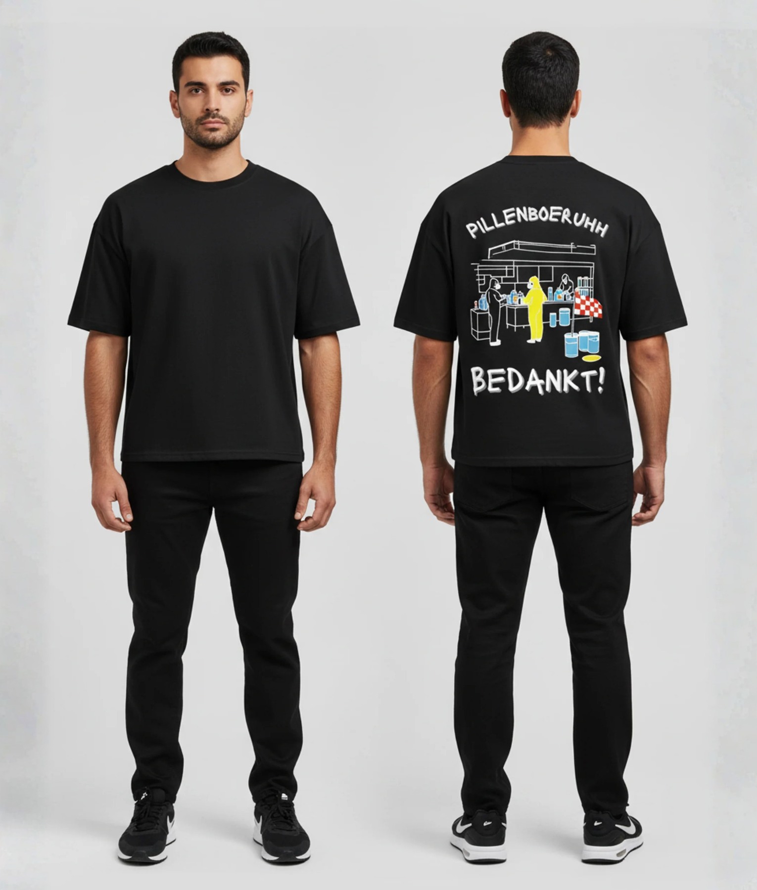 Zwart T-shirt met PILLENBOERUHH BEDANKT tekst en festival markt illustratie met figuur in geel pak op de rug