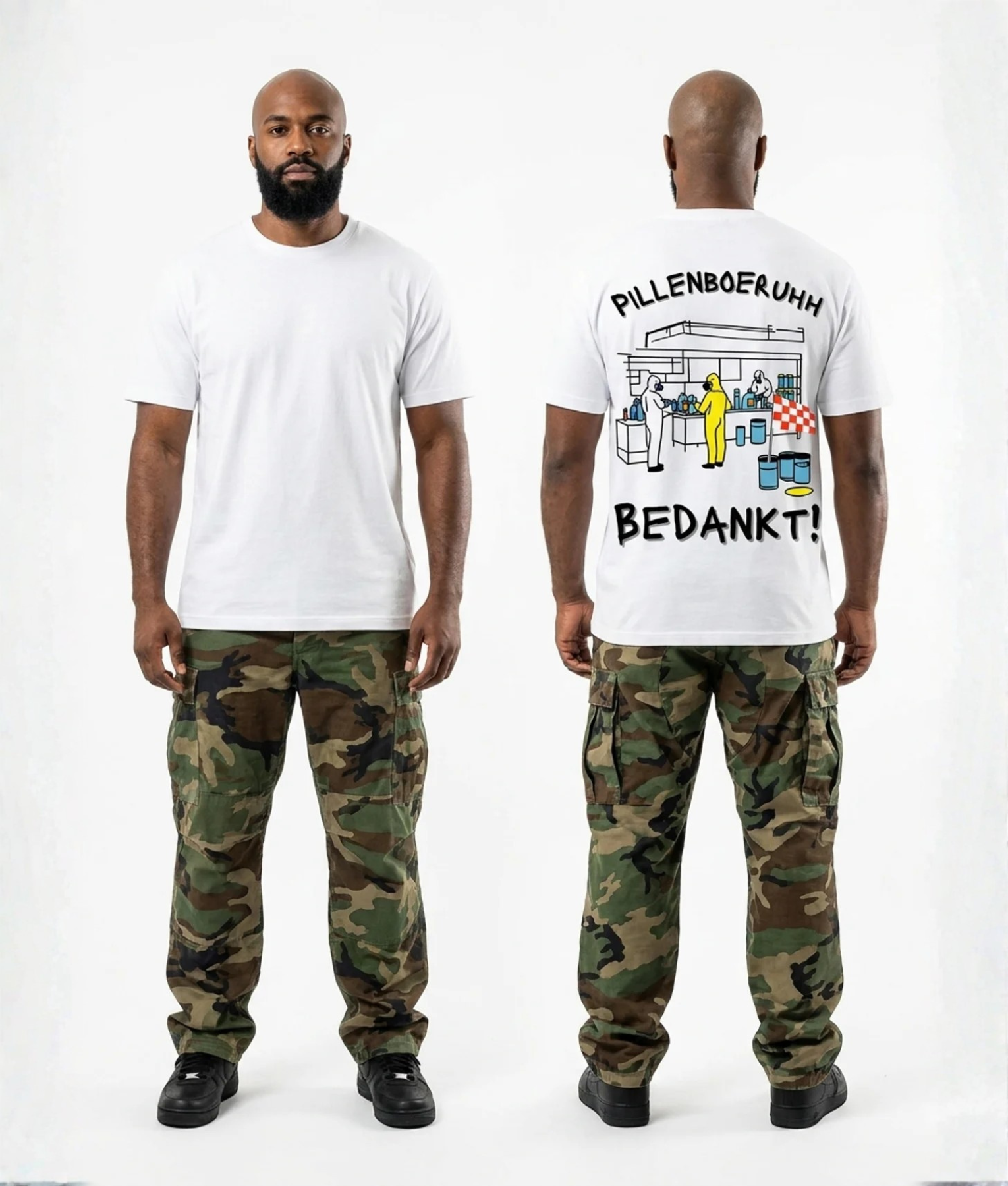 Wit unisex t-shirt met 'Pillenboeruhh Bedankt!' opdruk van PEP SCHEP – humoristische illustratie van apotheek scene op de rug met tekst en figuren