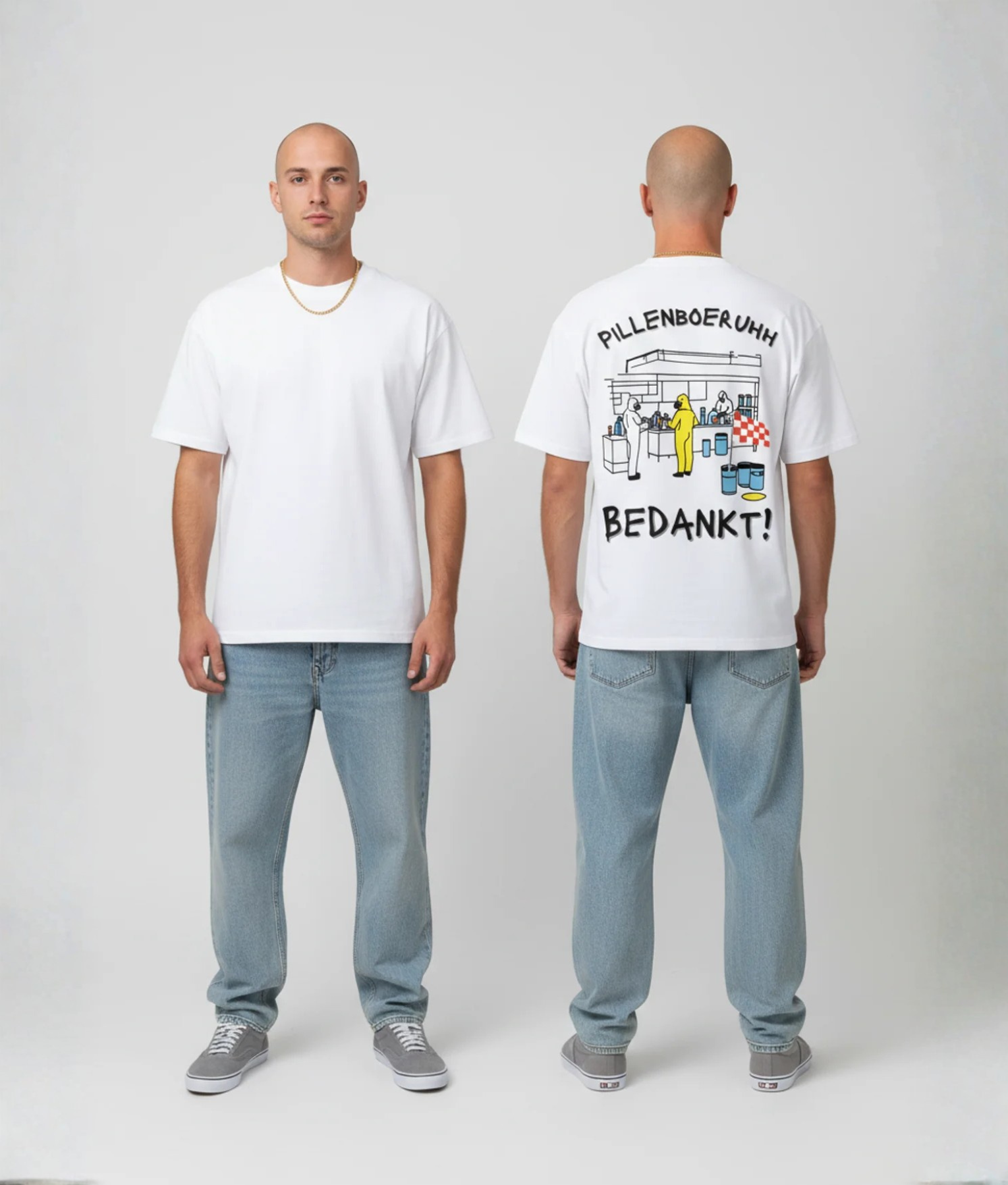 Wit T-shirt met PILLENBOERUHH BEDANKT tekst en kleurrijke festival markt illustratie met figuur in geel pak op de rug