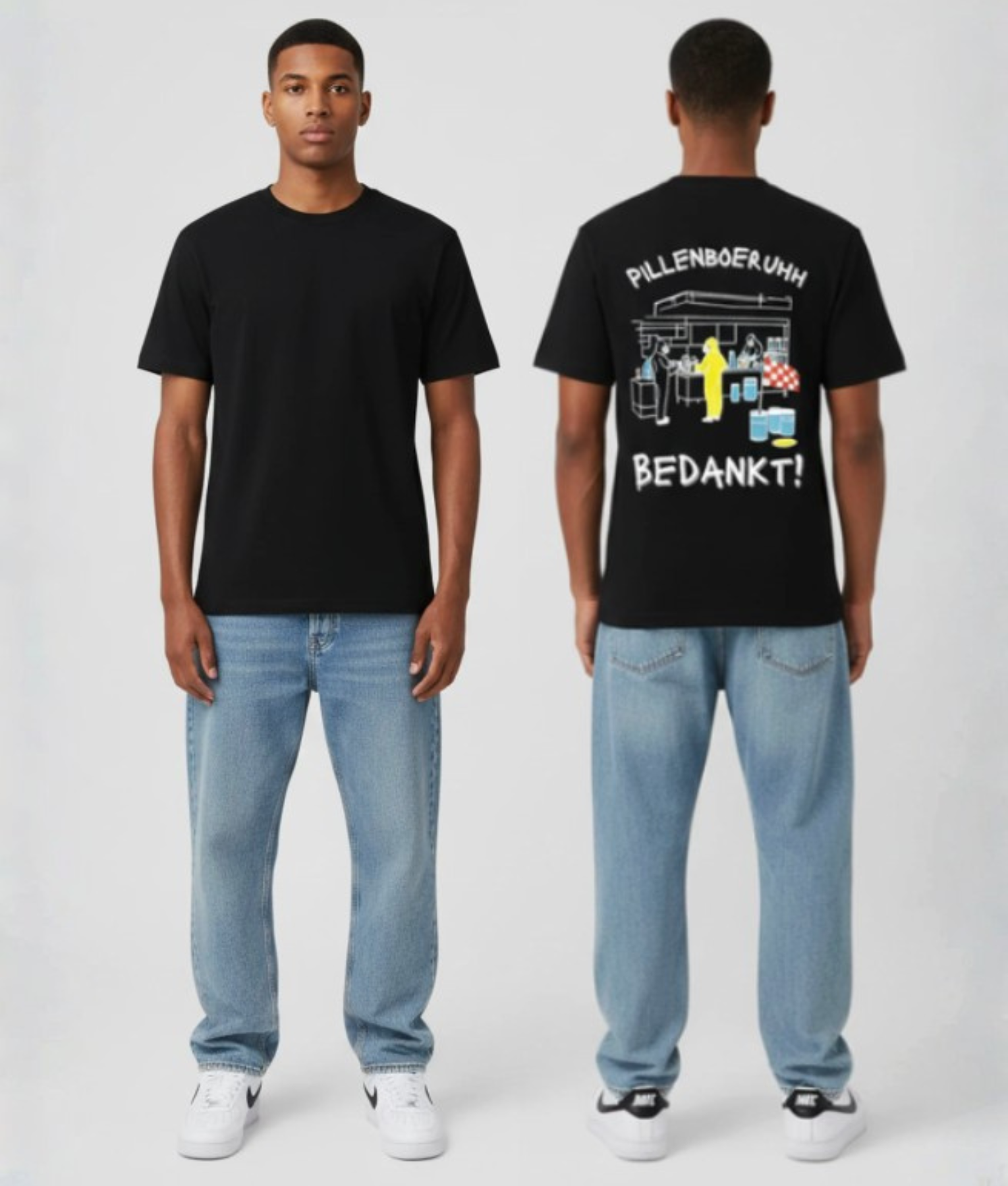 Zwart T-shirt met PILLENBOERUHH tekst, cartoon drugskraam illustratie met gele figuur en kleurrijke tassen en BEDANKT! tekst op de rug