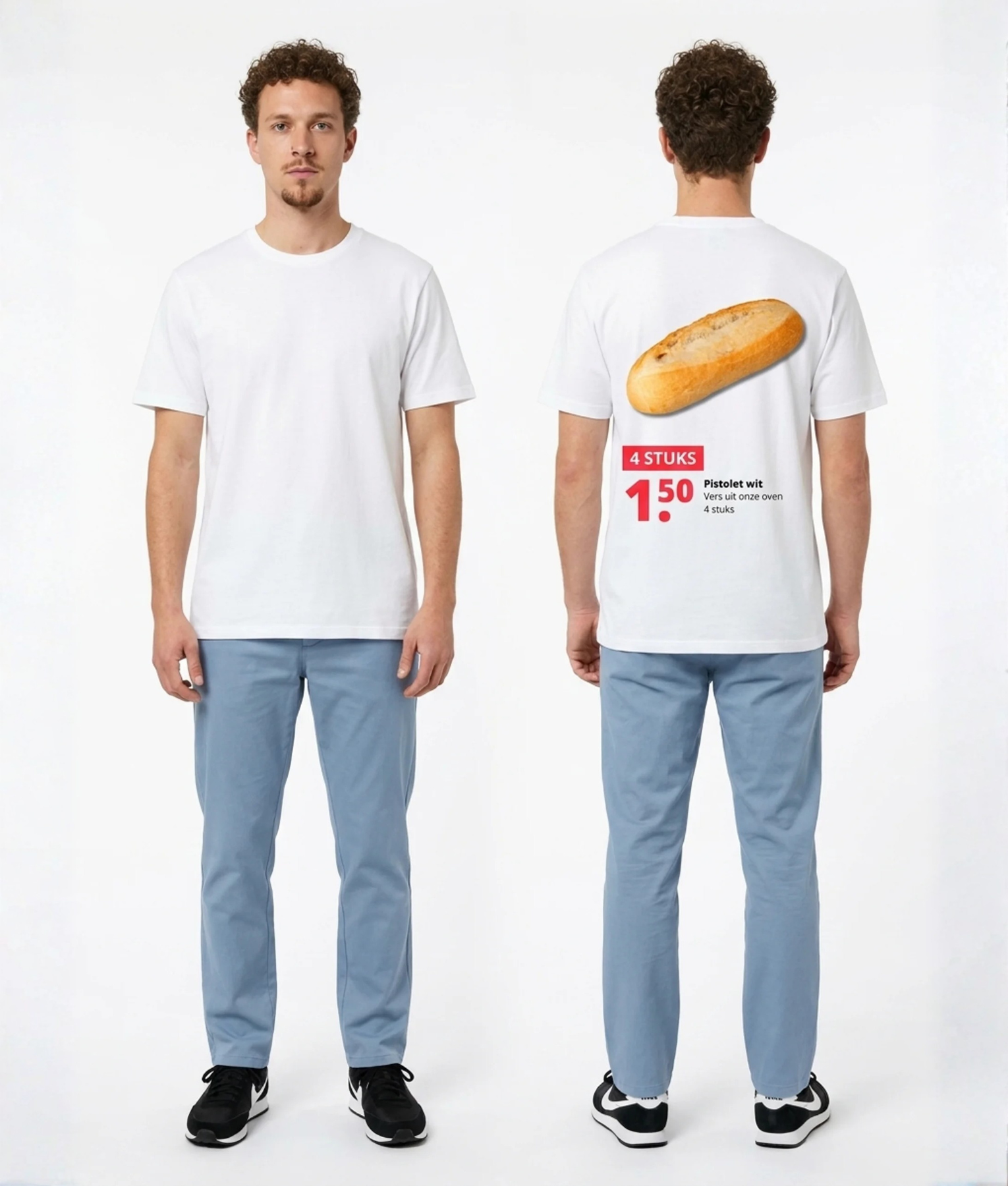 Wit unisex T-shirt voor- en achteraanzicht gedragen door mannelijk model met Pistolet wit 4 stuks supermarkt reclame print op de rug