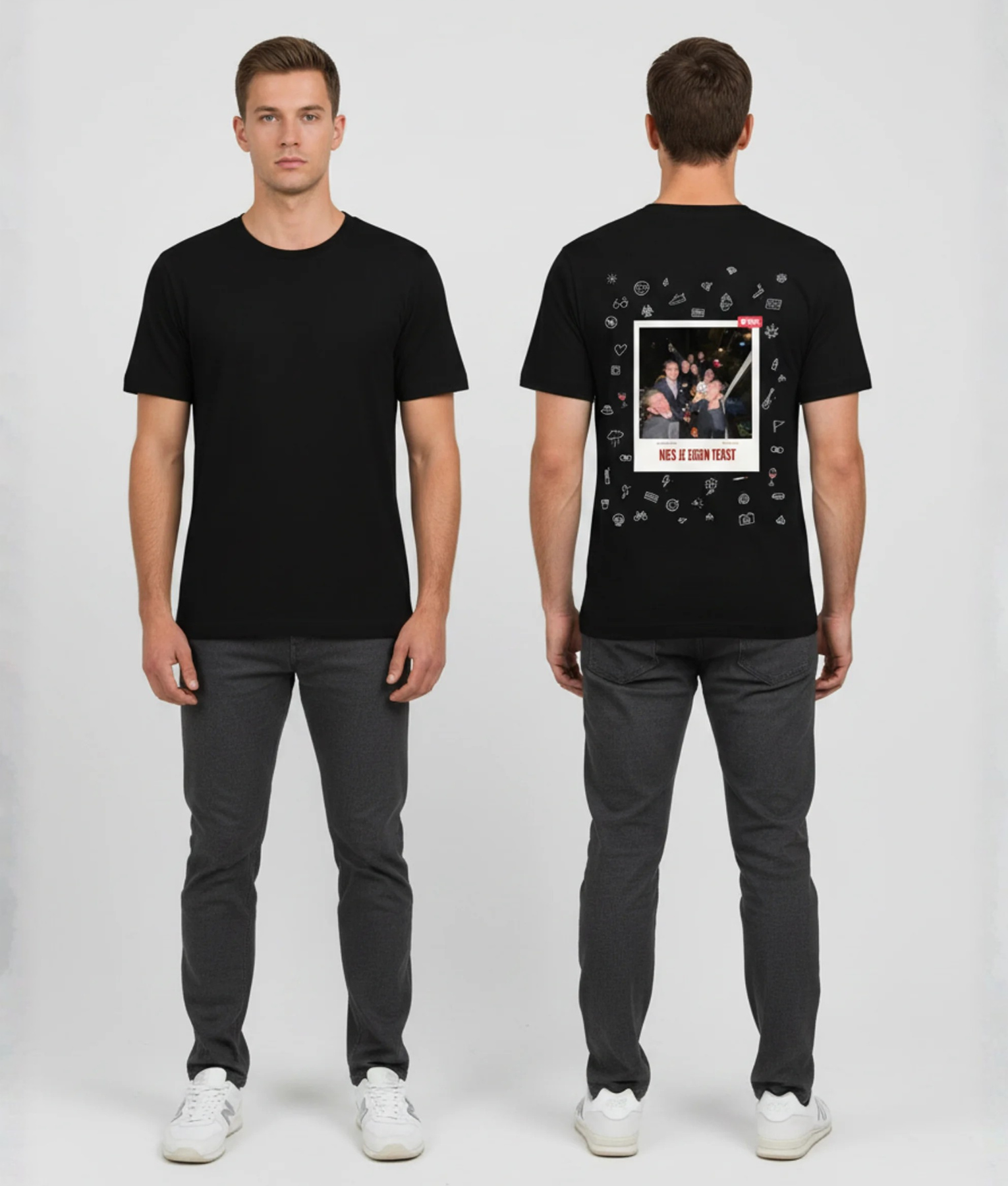 Zwart T-shirt met Polaroid foto frame met feestfoto, KIES JE EIGEN TEKST banner en kleine witte icoontjes als achtergrond op de rug