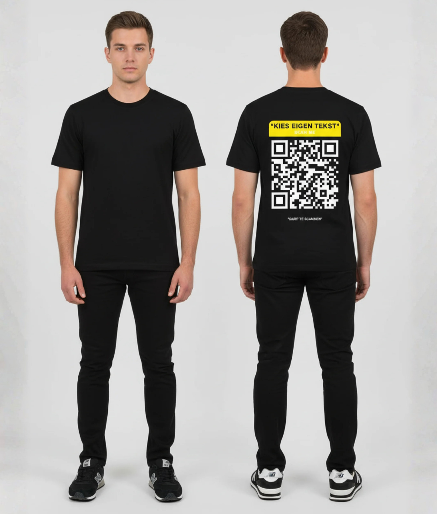 Zwart T-shirt met geel eigen tekst banner, grote zwart-witte QR-code en DURF TE SCANNEN tekst op de rug