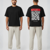 Zwart T-shirt met rode QR-code banner en eigen tekst op de rug