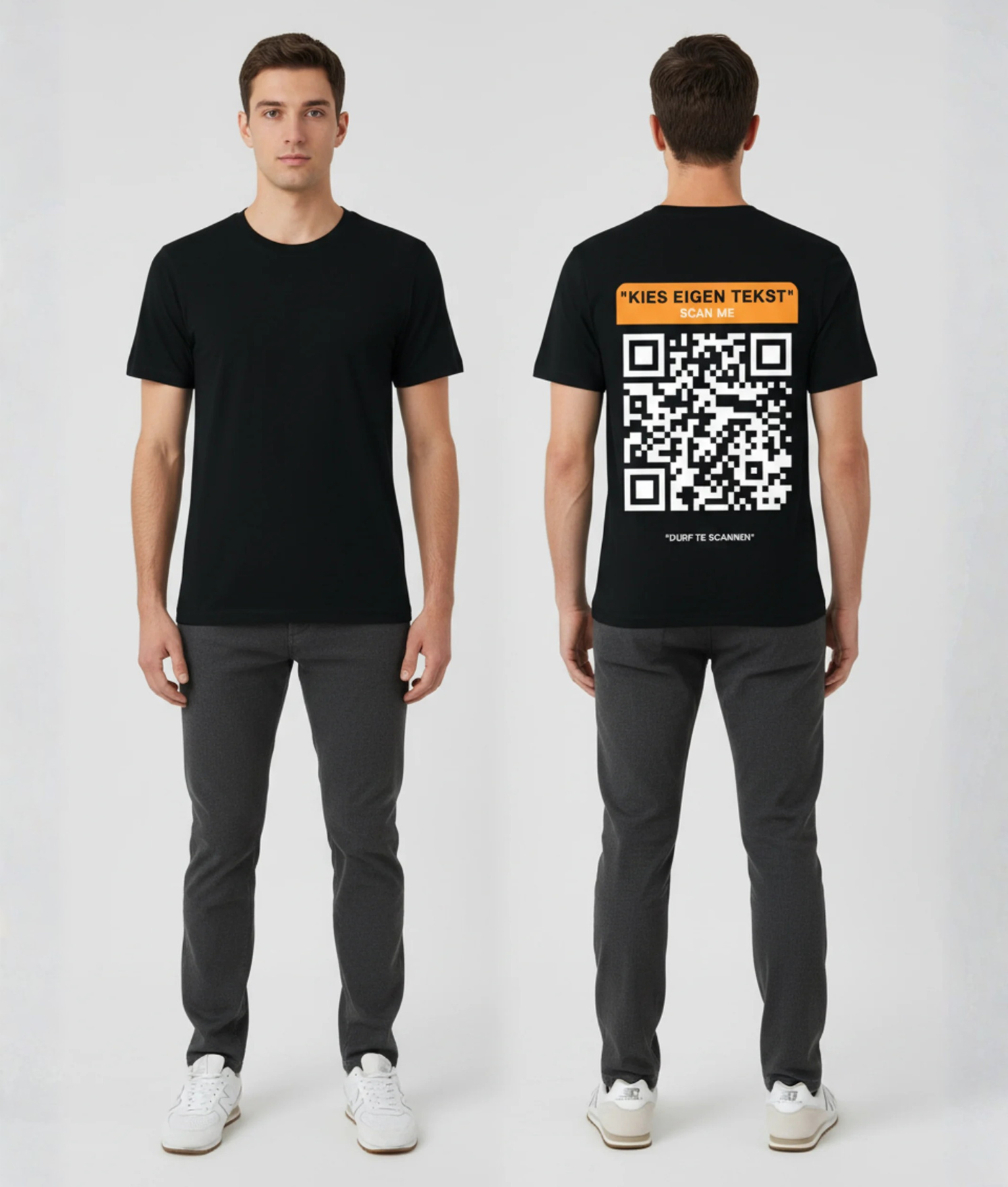 Zwart unisex T-shirt voor- en achteraanzicht gedragen door mannelijk model met oranje Kies Eigen Tekst banner en grote QR-code print personaliseerbaar op de rug