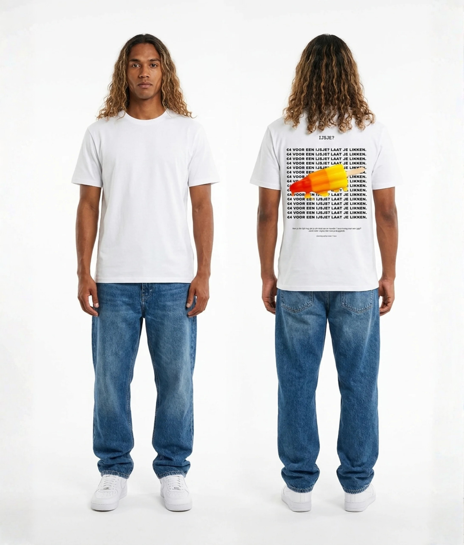 Wit unisex T-shirt voor- en achteraanzicht gedragen door mannelijk model met raketje en vlam illustratie met tekstregels print op de rug