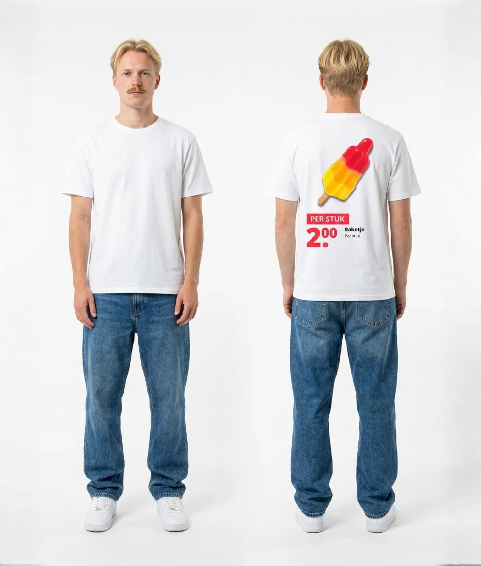 Wit unisex t-shirt met Raketje ijslolly opdruk van PEP SCHEP – kleurrijke rood-geel-oranje ijsprint op de rug in supermarkt prijskaartje stijl