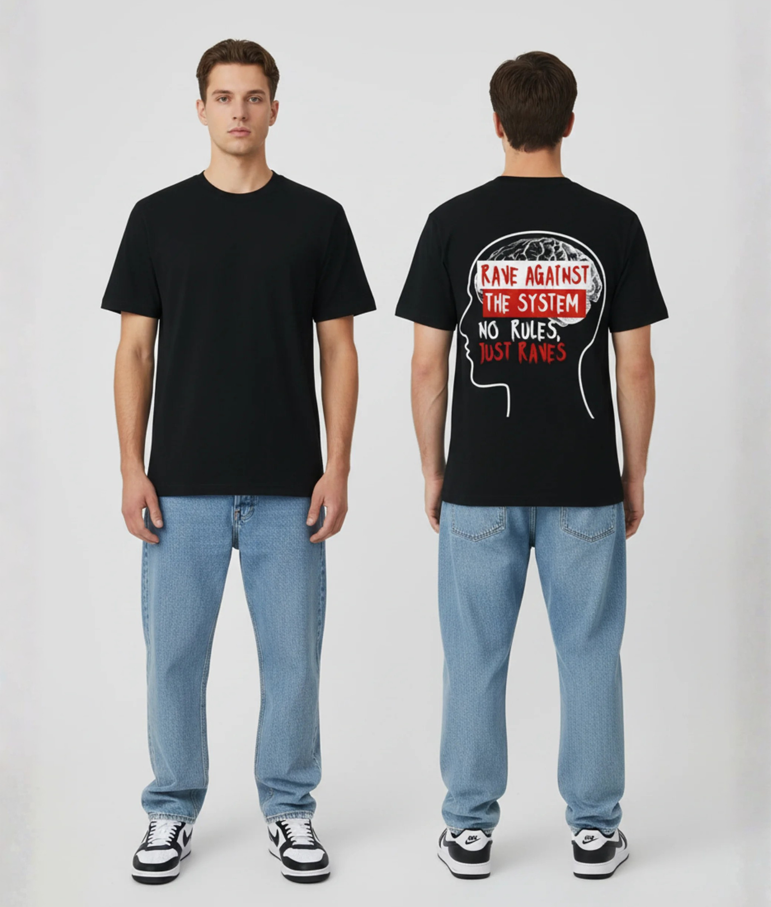 Zwart unisex T-shirt voor- en achteraanzicht gedragen door mannelijk model met Rave Against The System No Rules Just Raves print hersenfiguur grafisch design op de rug
