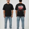 Zwart T-shirt met hoofdsilhouet illustratie, rode RAVE AGAINST THE SYSTEM banner en NO RULES JUST RAVES tekst op de rug