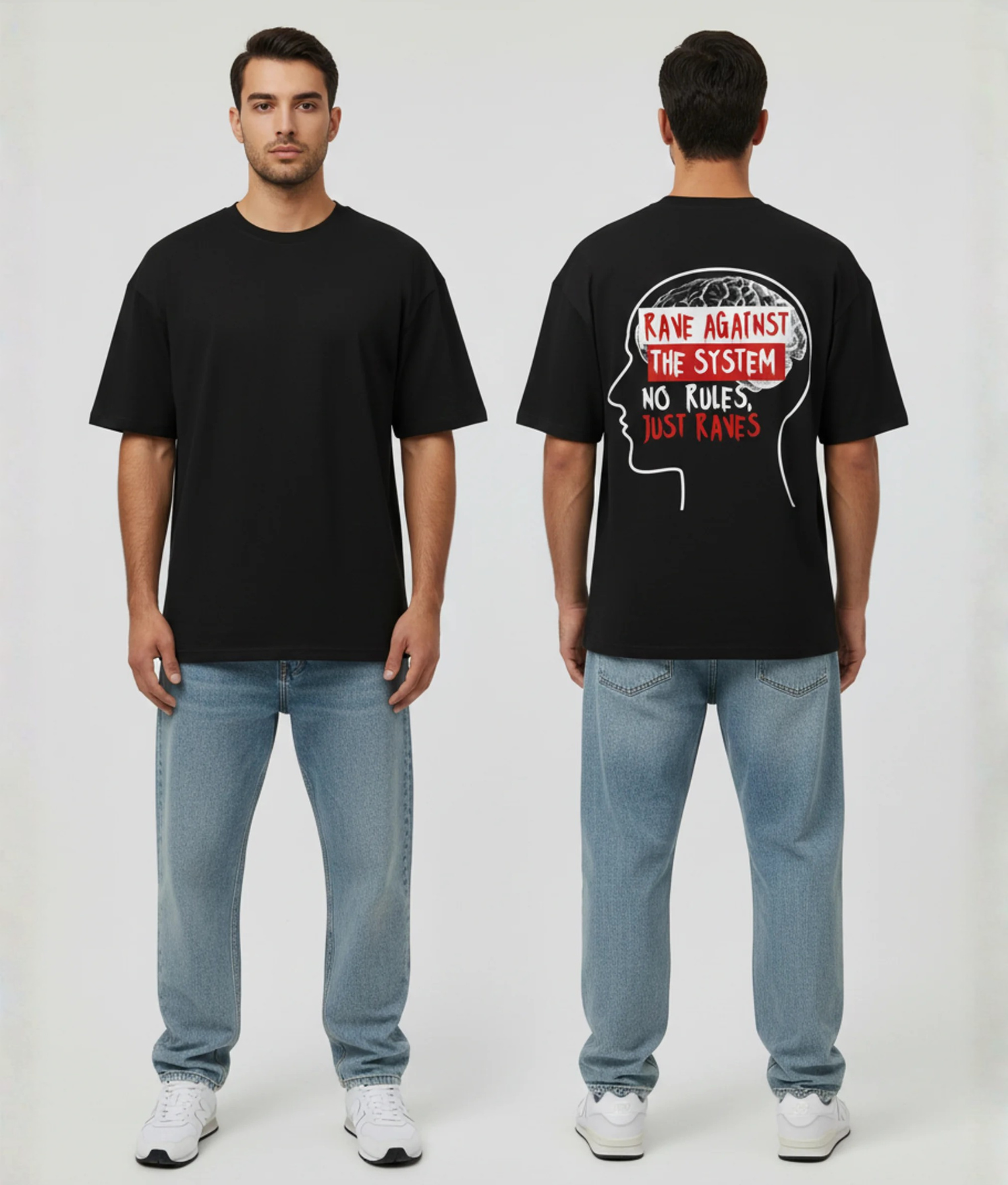 Zwart T-shirt met hoofdsilhouet illustratie, rode RAVE AGAINST THE SYSTEM banner en NO RULES JUST RAVES tekst op de rug