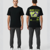 Zwart T-shirt met RVC RAVE CULTURE tekst in neon geel, wazig gezicht foto, EINDE ANGST tekst en barcodes in een kader op de rug