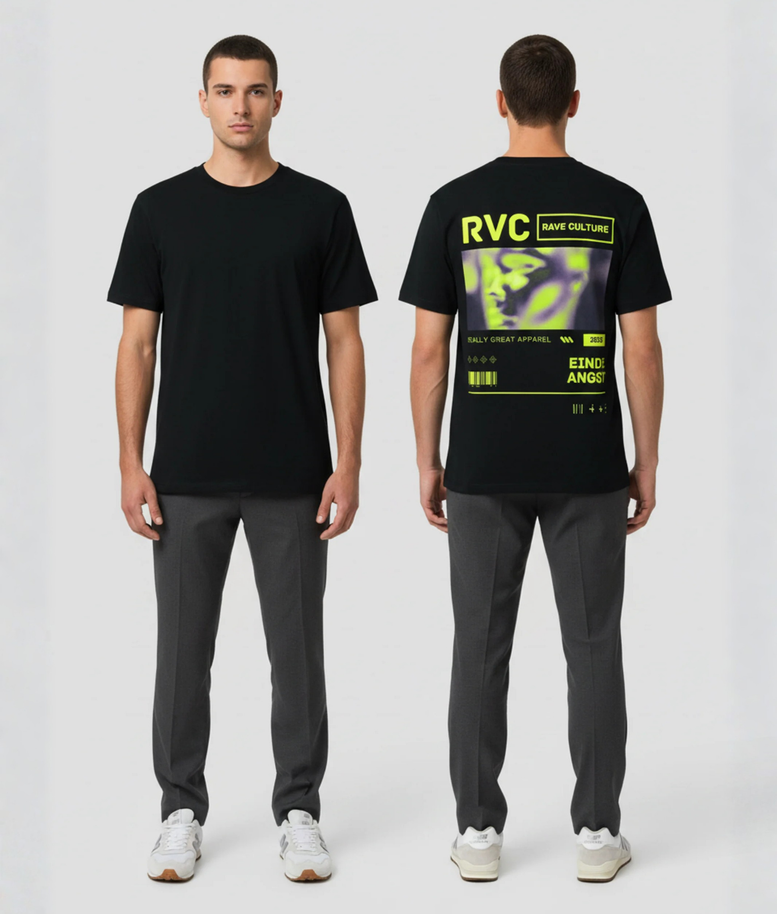 Zwart T-shirt met RVC RAVE CULTURE tekst in neon geel, wazig gezicht foto, EINDE ANGST tekst en barcodes in een kader op de rug