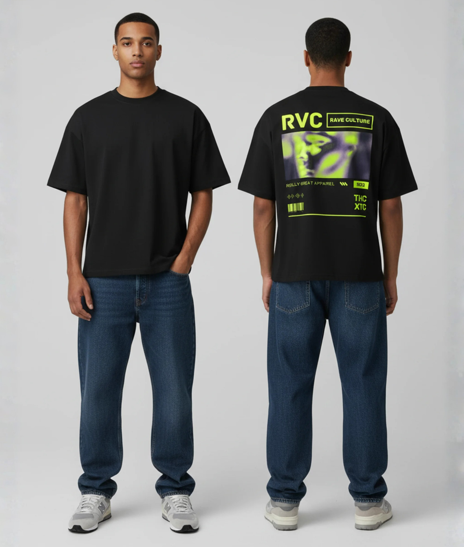 Zwart T-shirt met gele RVC RAVE CULTURE print en glitch foto op de rug