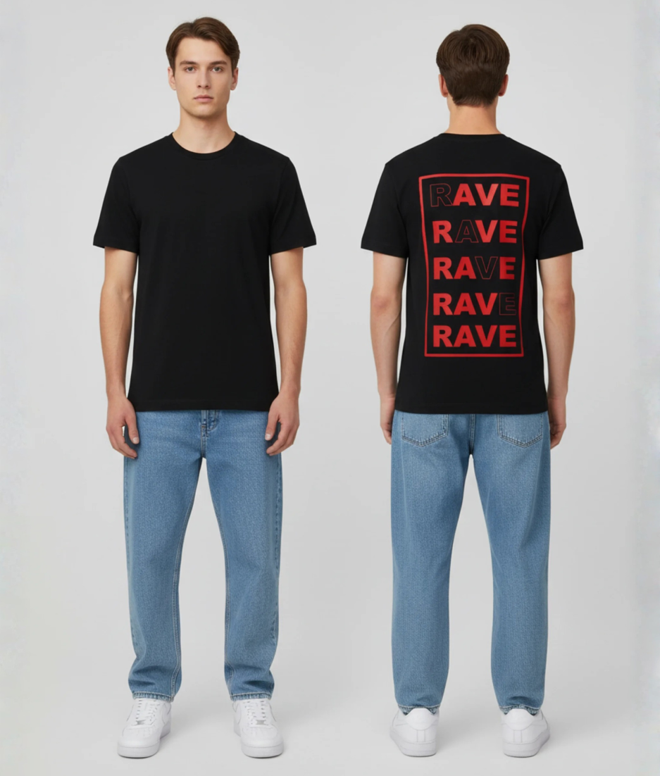 Zwart unisex T-shirt voor- en achteraanzicht gedragen door mannelijk model met RAVE tekst herhaald in rood kader print op de rug