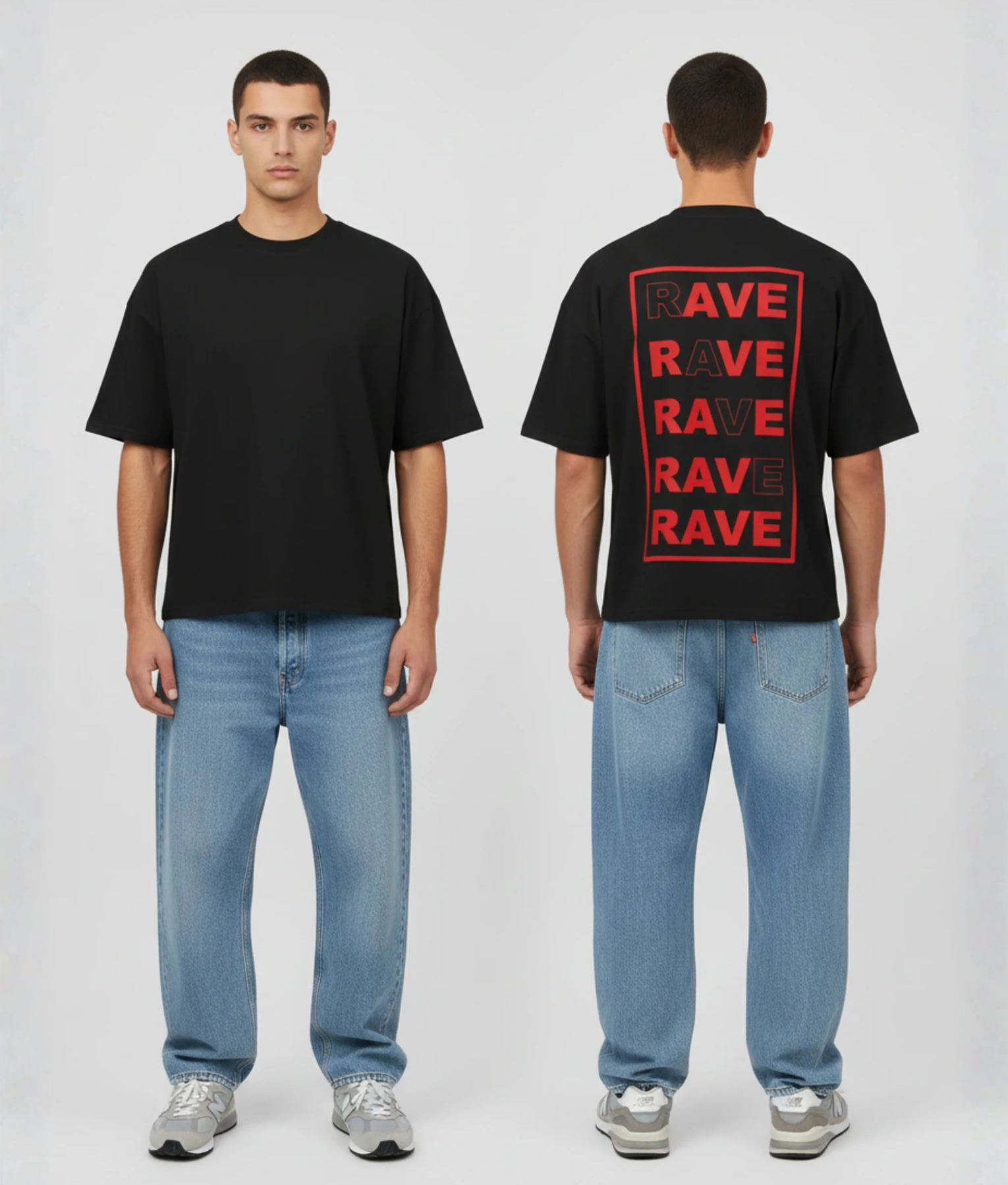 Zwart T-shirt met RAVE tekst herhalend in rood op de rug