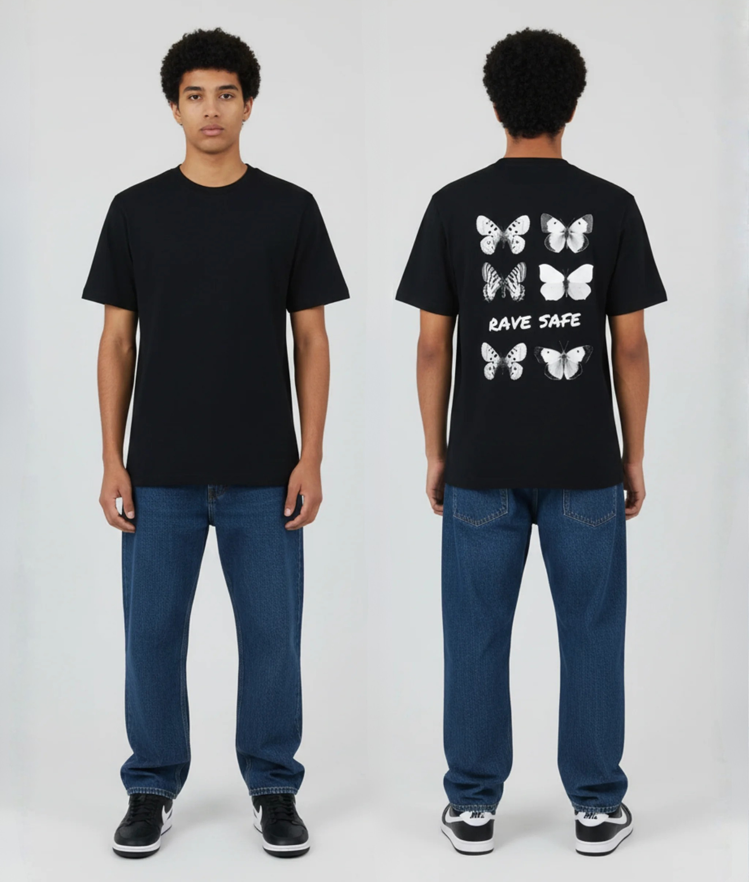 Zwart unisex T-shirt voor- en achteraanzicht gedragen door mannelijk model met Rave Safe print witte vlinders grafisch design op de rug