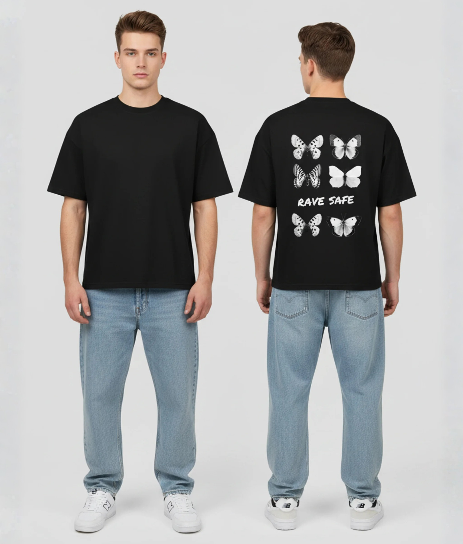 Zwart T-shirt met witte vlinders en RAVE SAFE tekst op de rug