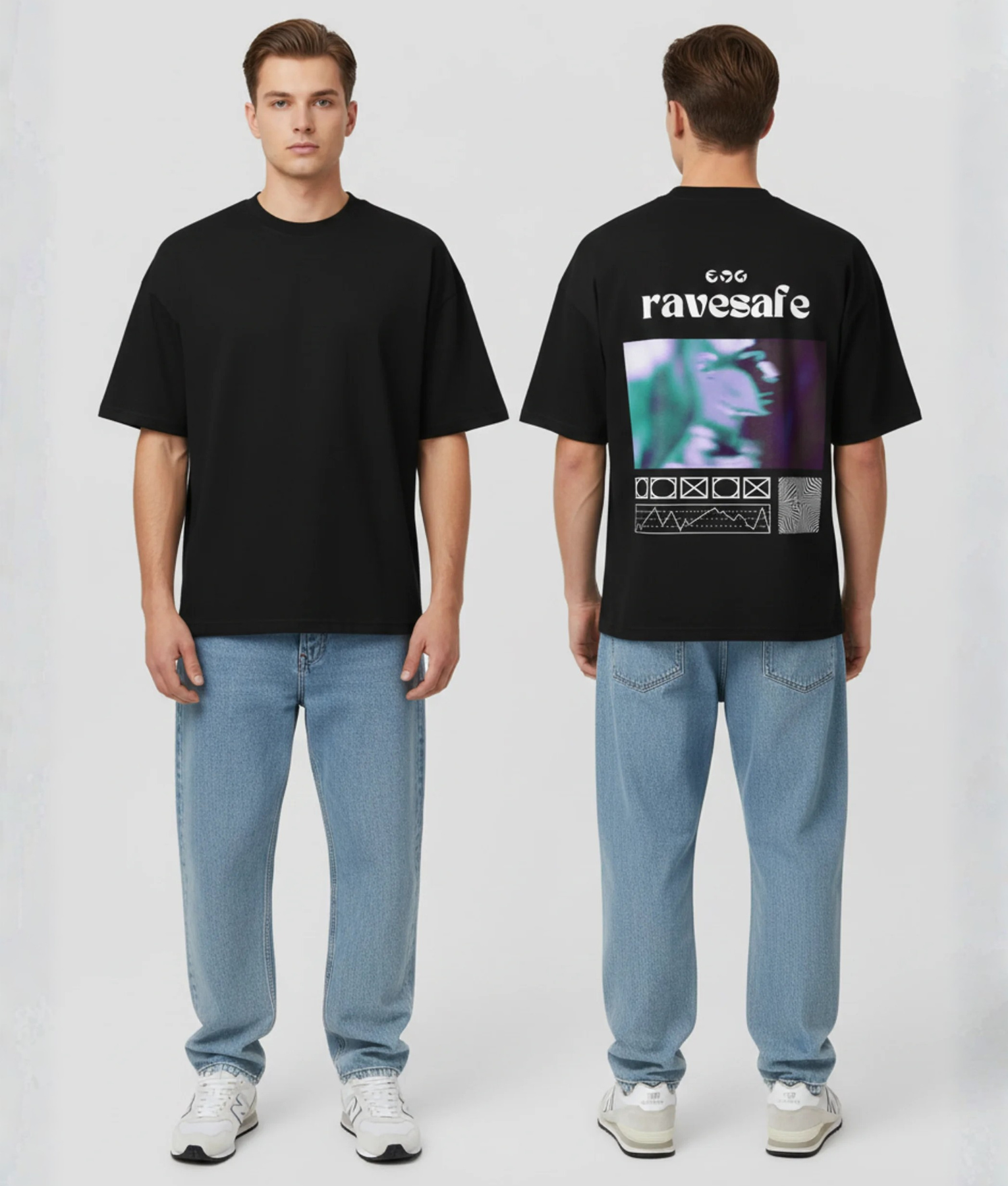 Zwart T-shirt met ravesafe tekst en paarse glitch fotoprint op de rug