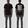 Zwart unisex T-shirt voor- en achteraanzicht gedragen door mannelijk model met REALITY tekst herhaald in wit op de rug