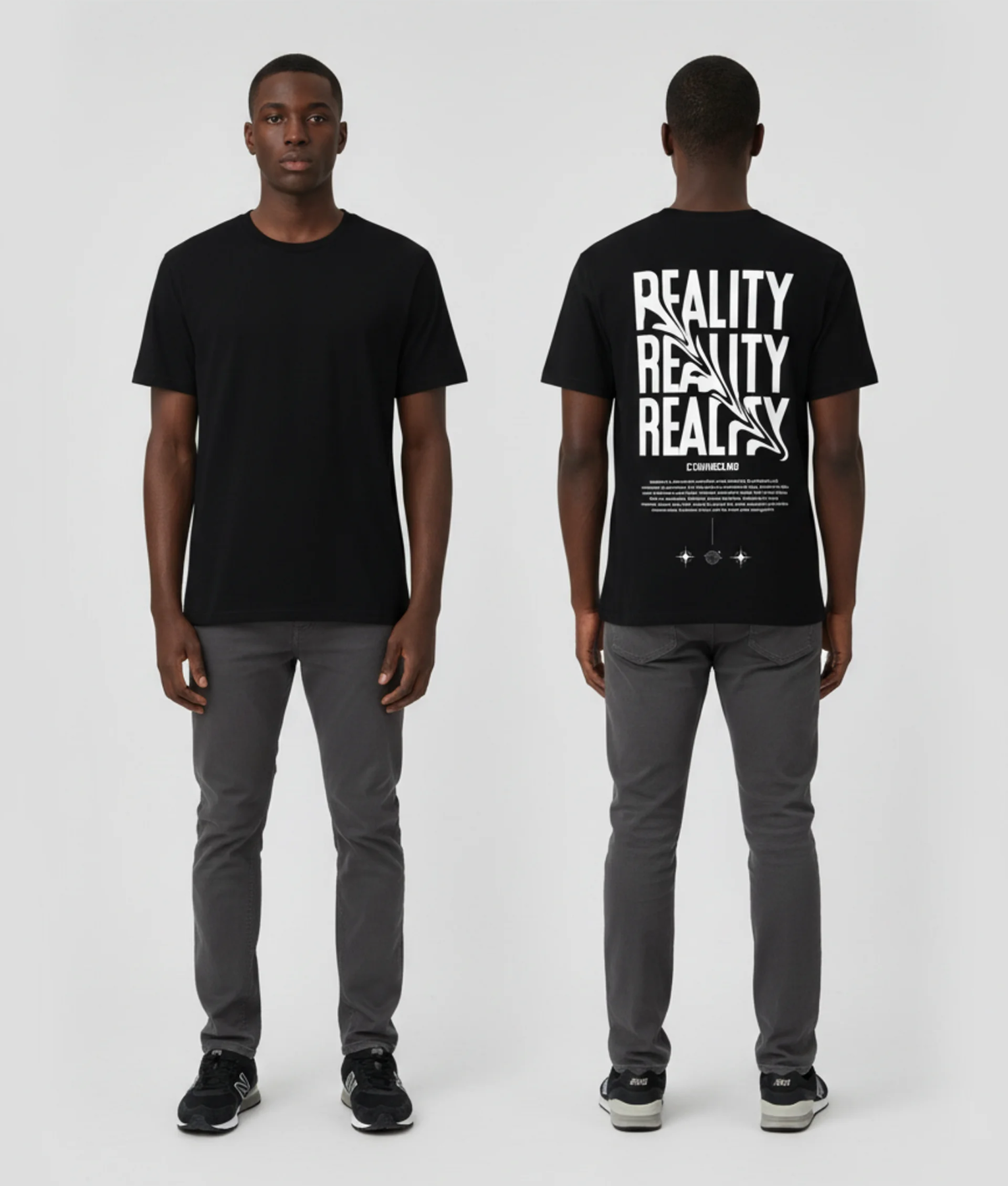 Zwart unisex T-shirt voor- en achteraanzicht gedragen door mannelijk model met REALITY tekst herhaald in wit op de rug