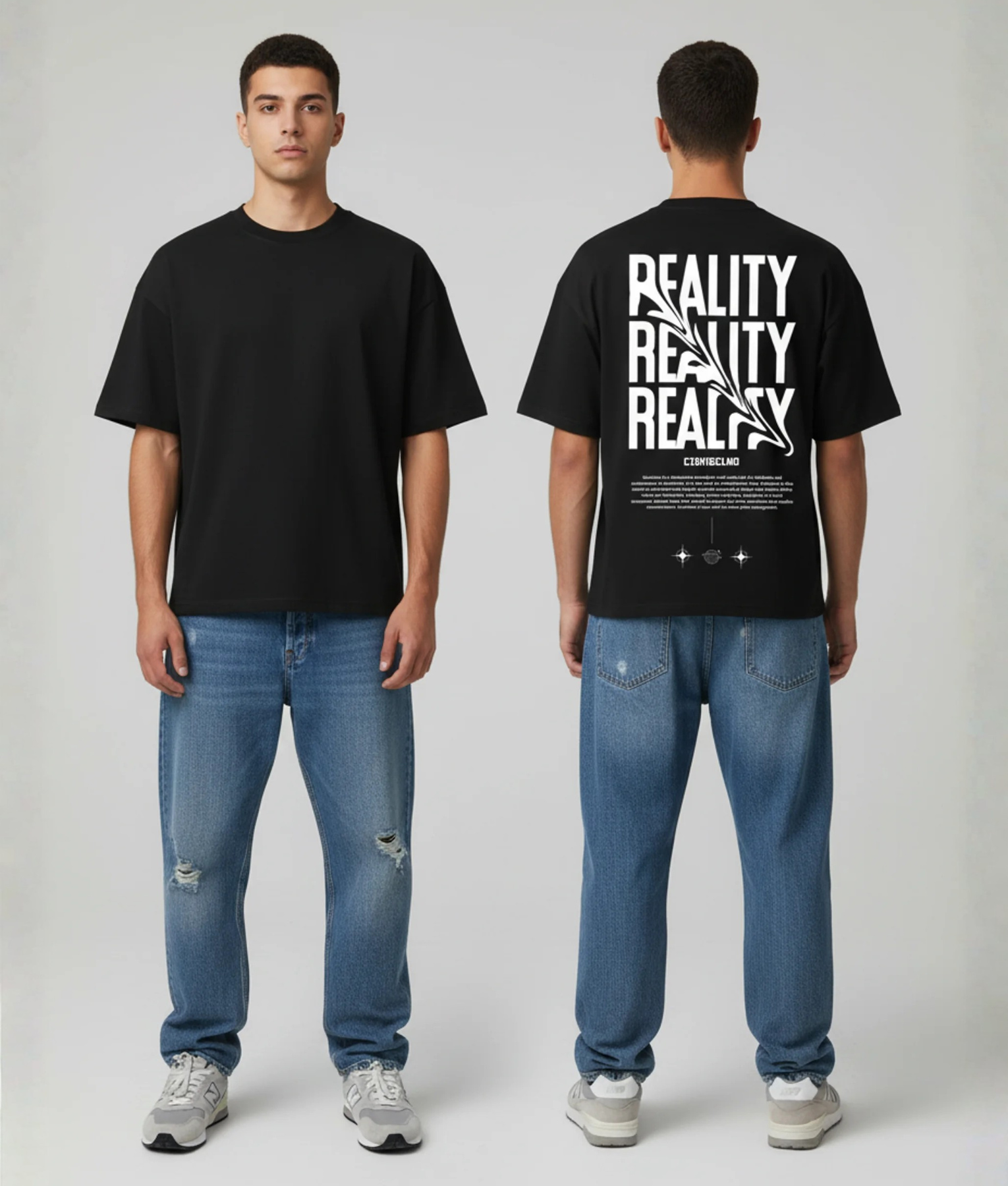Zwart T-shirt met REALITY tekst in wit herhalend op de rug