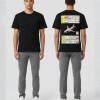 Zwart T-shirt met vliegtuig veiligheidskaart print met veiligheidsinstructie icoontjes in geel en wit en een vliegtuig illustratie op de rug