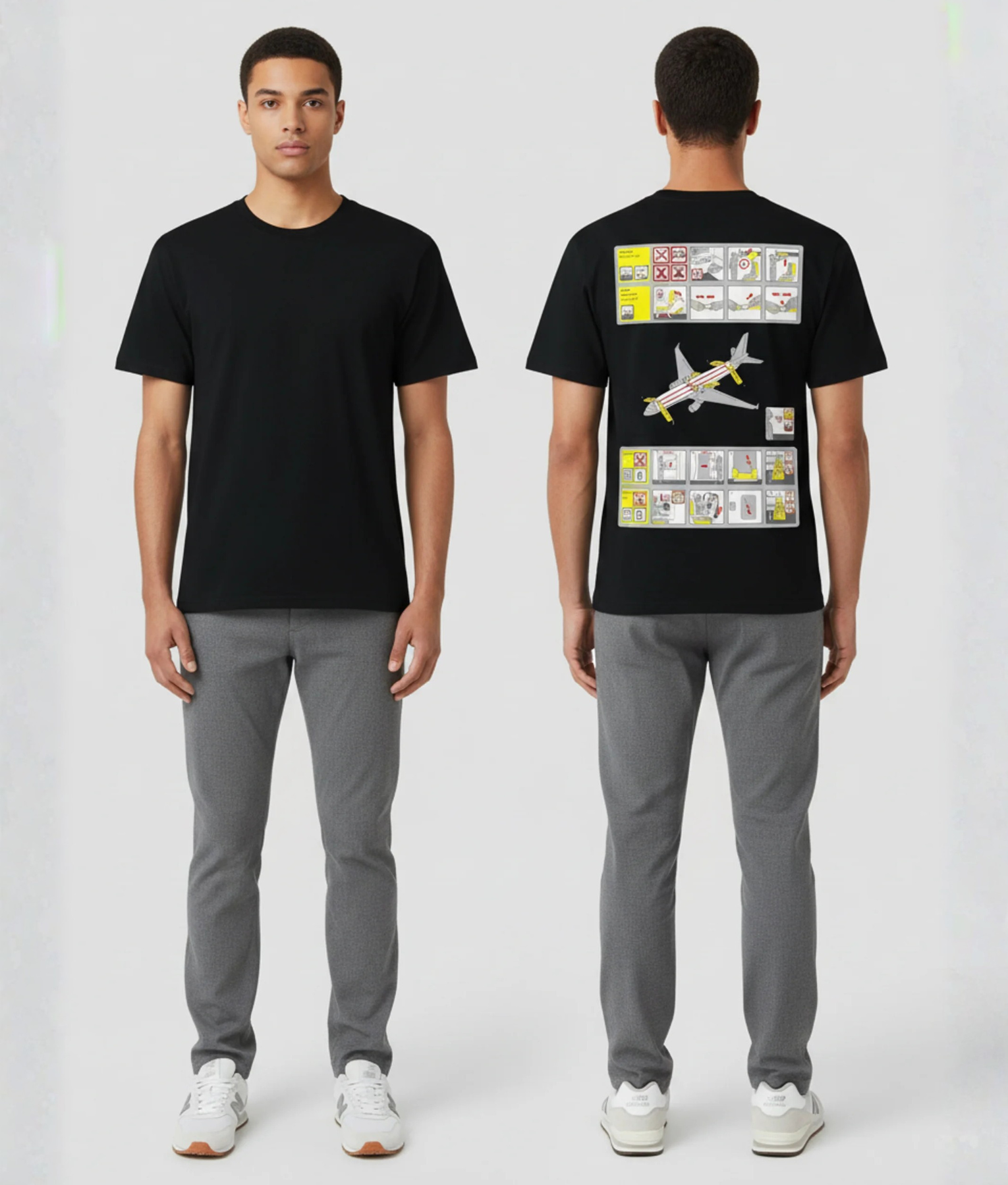 Zwart T-shirt met vliegtuig veiligheidskaart print met veiligheidsinstructie icoontjes in geel en wit en een vliegtuig illustratie op de rug