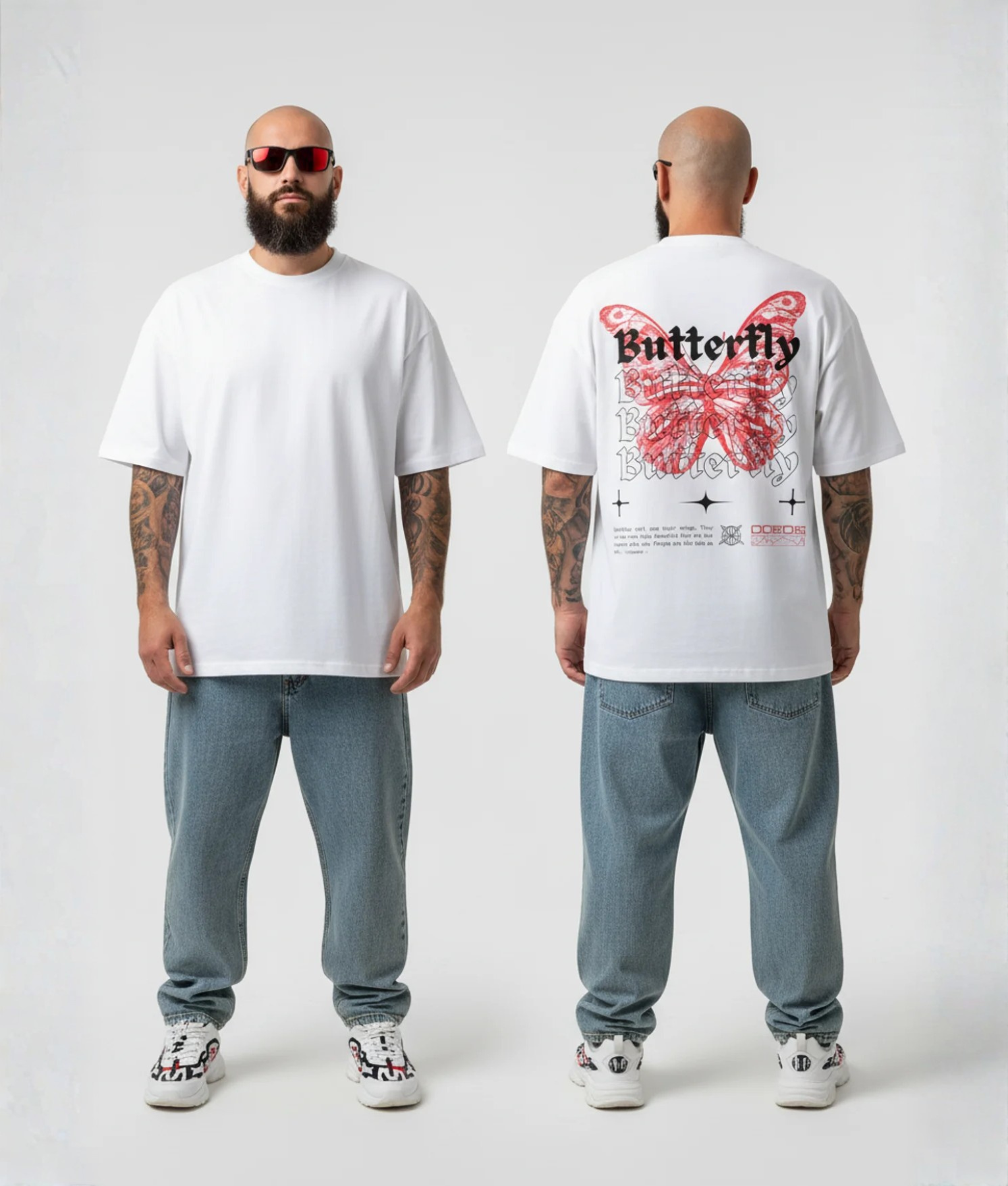 Wit T-shirt met rode vlinder en Butterfly tekst op de rug