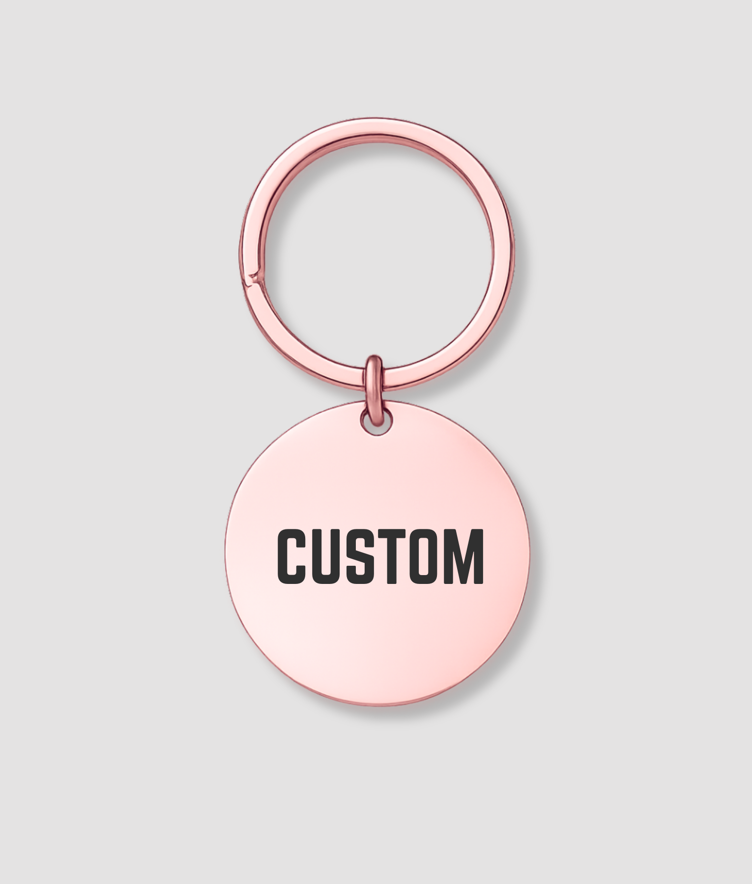 Ronde rosé gouden sleutelhanger met zwarte tekst CUSTOM