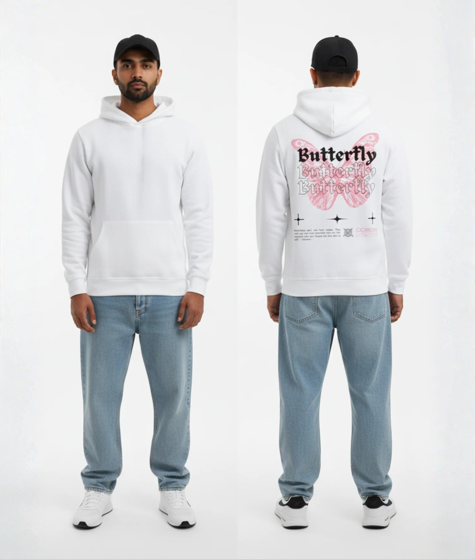 Man in witte hoodie voor- en achterkant met roze vlinder en Butterfly print op de rug