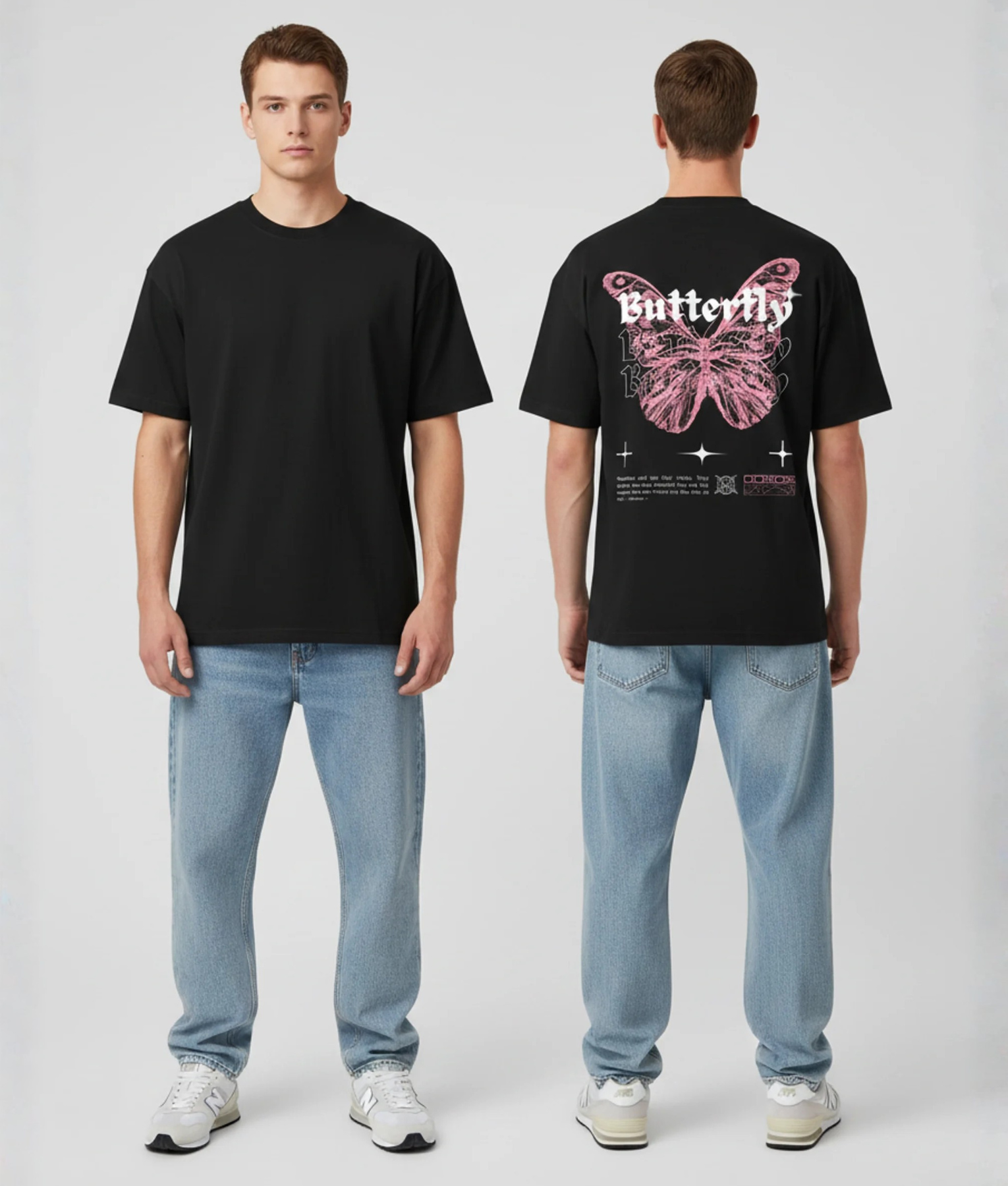 Zwart T-shirt met roze vlinder illustratie, Butterfly tekst in gothic lettertype en sterren op de rug