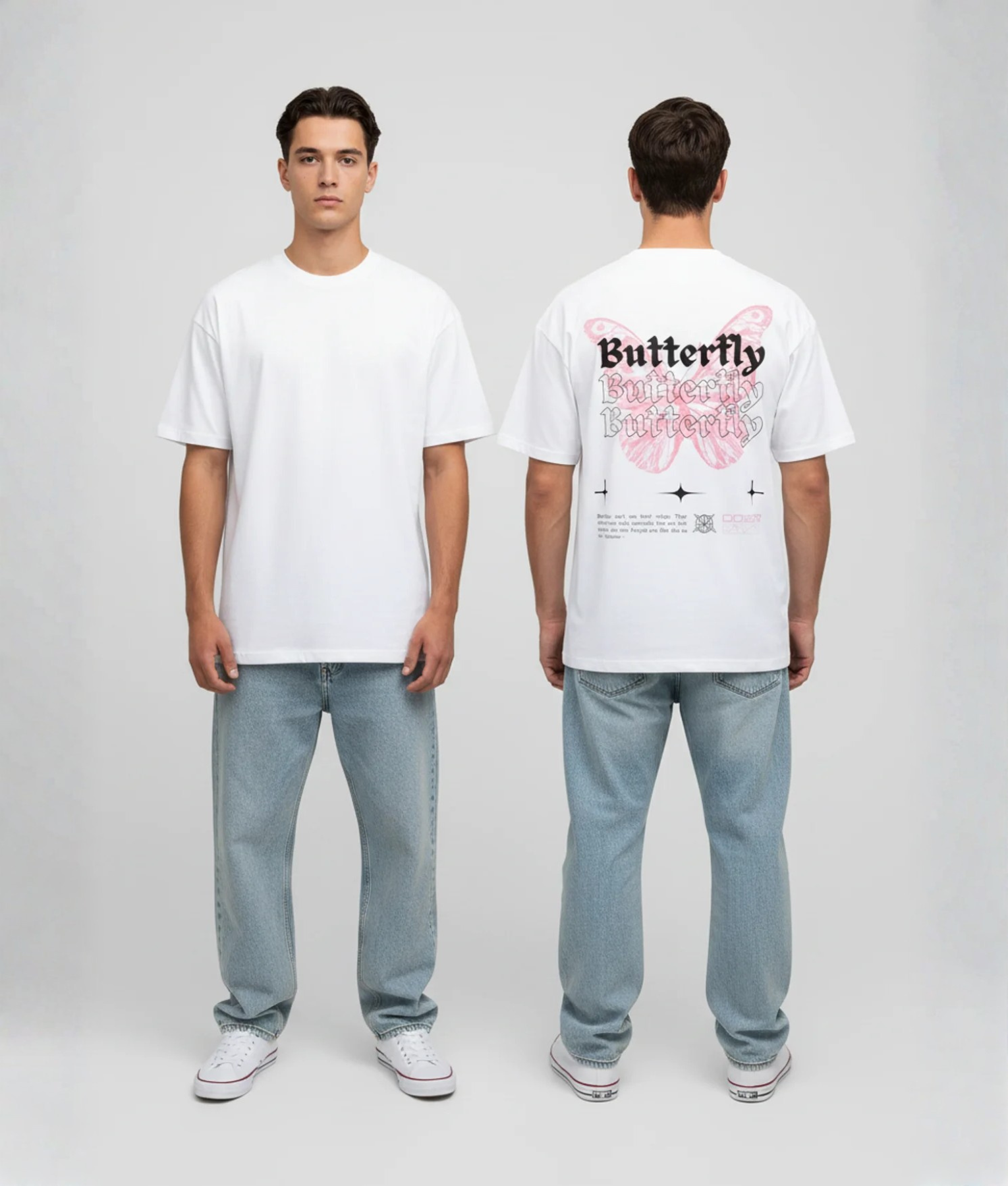 Wit T-shirt met roze vlinder illustratie en Butterfly tekst herhalend in gothic lettertype op de rug