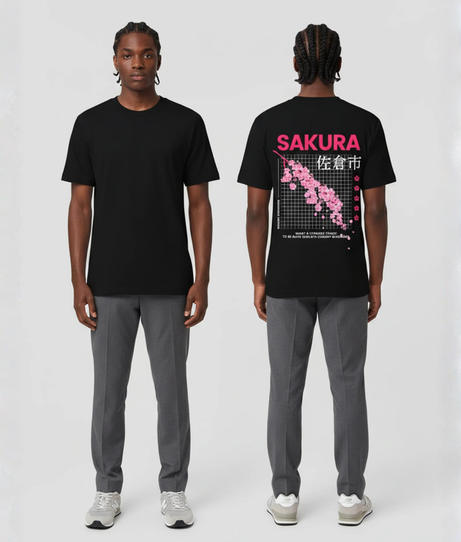Zwart T-shirt met roze SAKURA tekst, Japanse tekens, roze kersenbloesem tak illustratie op een grid achtergrond op de rug